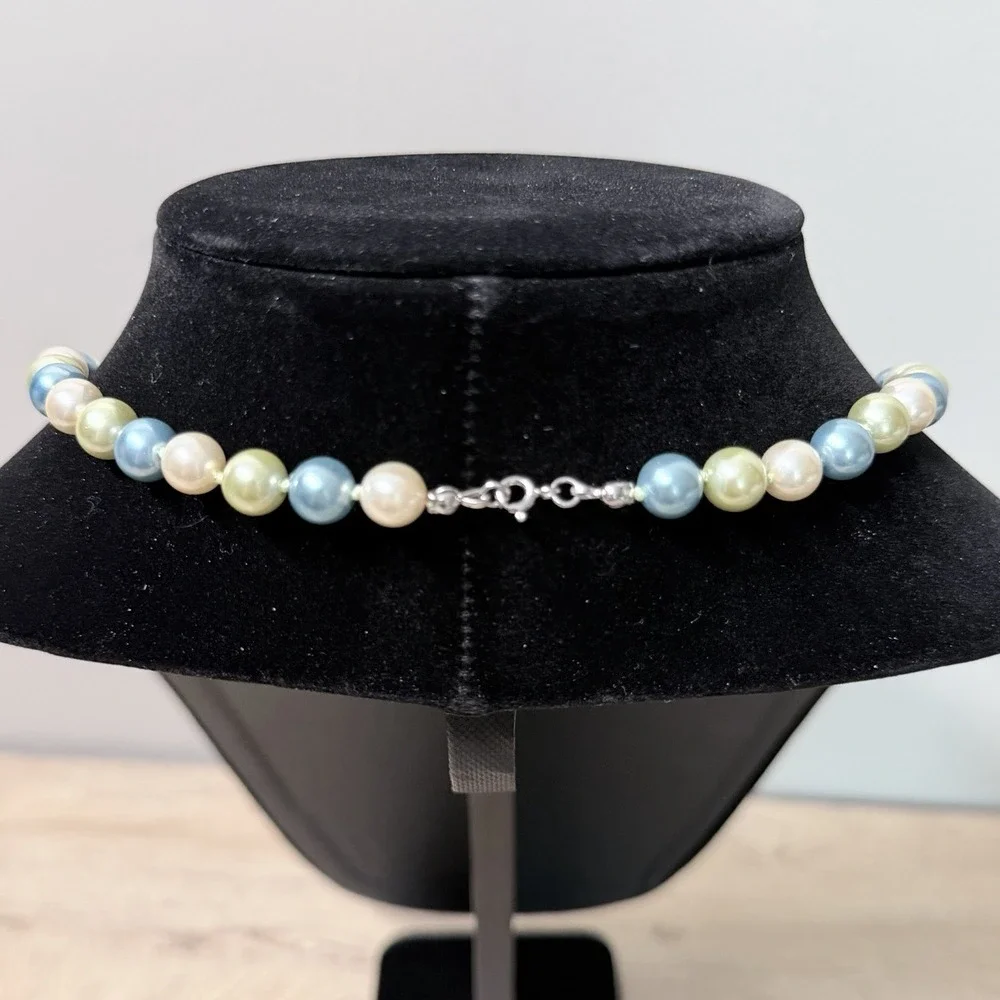 Faux Pearl‎ Necklace Blue Coastal Grandmillennial Elegant Preppy Fashion Jewelry